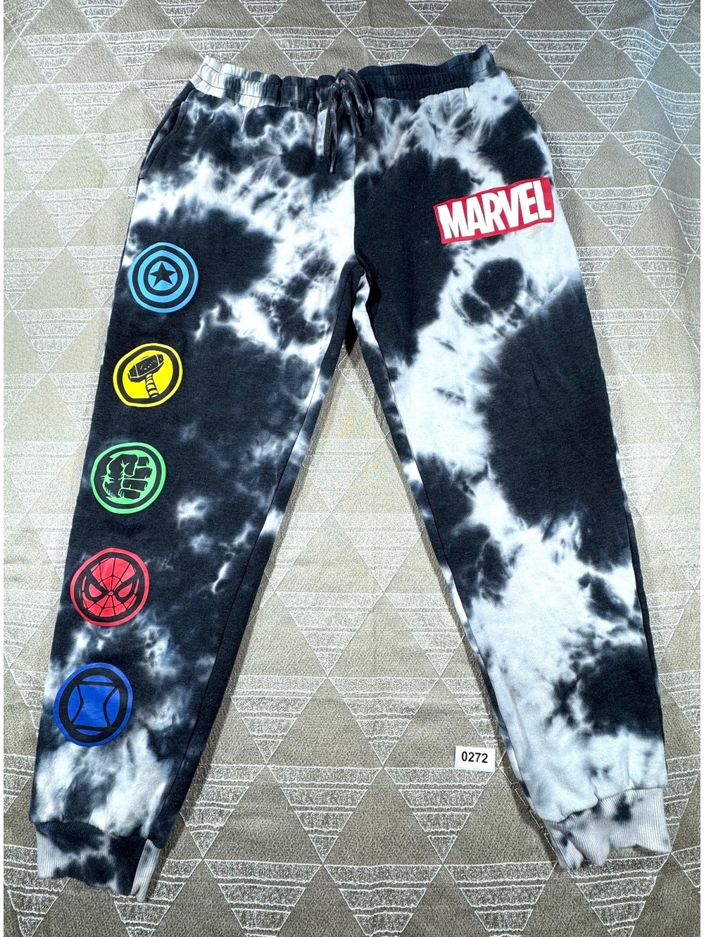 Marvel Black and White Tie-Dye Jogger Sweatpants with Superhero Logos, Size Meas